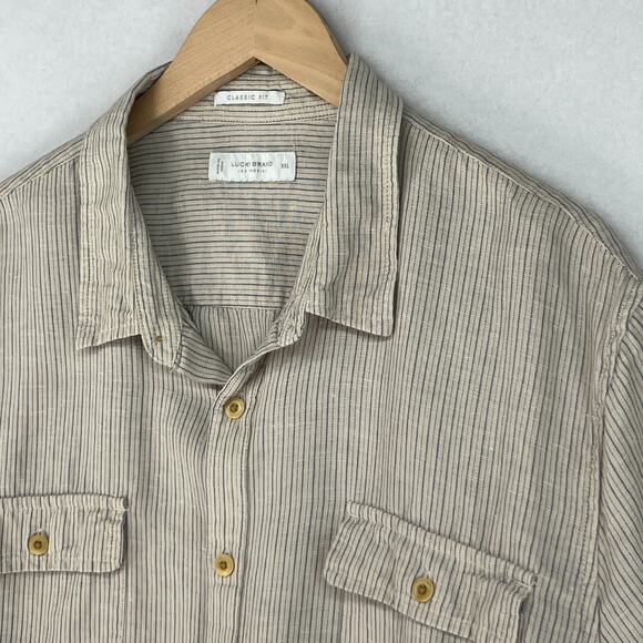 LUCKY BRAND Shirt Mens 2XL Striped Short Sleeve Classic Utility Button Up Beige - Picture 1 of 12